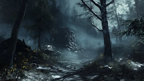 Nocturnal volumetric forest path under cinematic fog gradients.