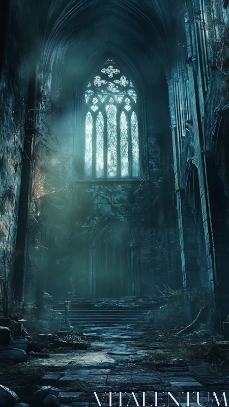 Gothic stone hall interior with tall stained glass window.