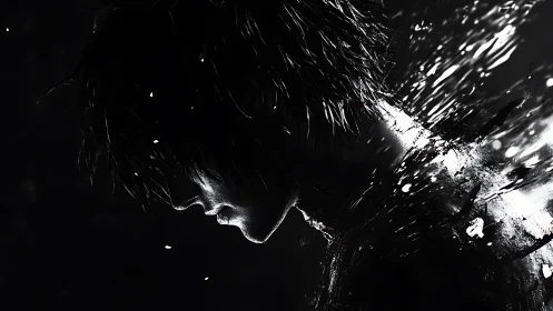 Shattered silhouette of a pensive figure dissolves in light.