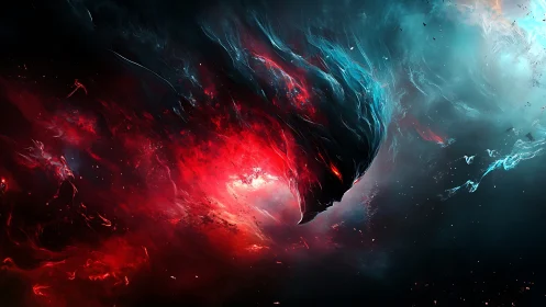 Digital painting of cosmic inferno entity in dynamic motion.