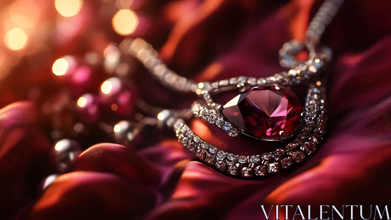 Gemstone pendant on red satin fabric surface, close view.