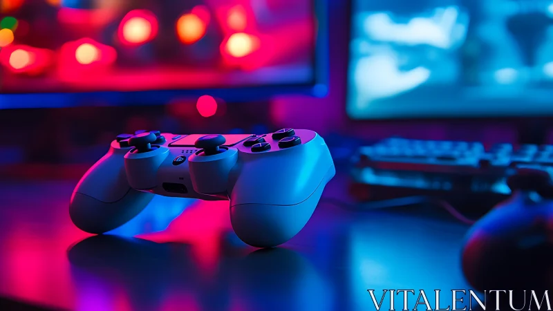 Dual-analog game controller on RGB-lit desktop gaming setup