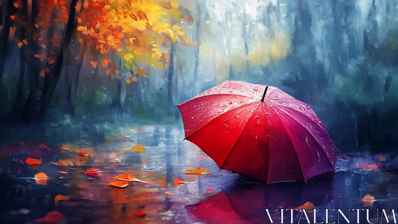 Red umbrella rests in glowing autumn rain puddles.