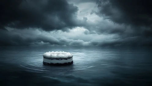 Layer cake floats on calm water beneath dense storm clouds