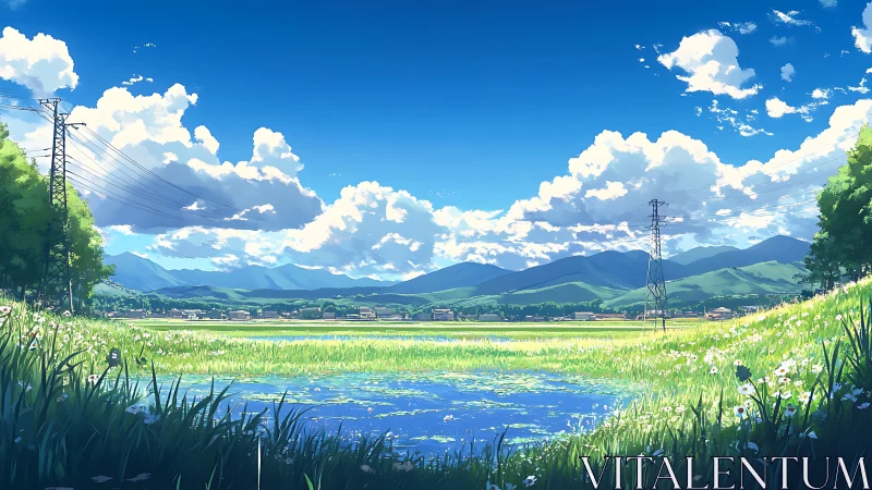 Rural hydroscape under cumulus sky with transmission lattice.