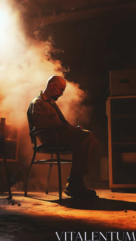 Backlit bald man seated in smoky warehouse with warm rim light