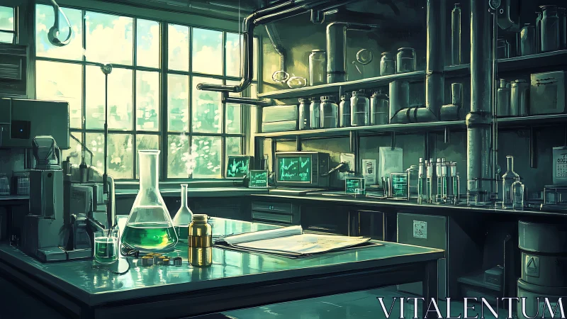 Green reagent laboratory bench anchors a retrofuturist research scene