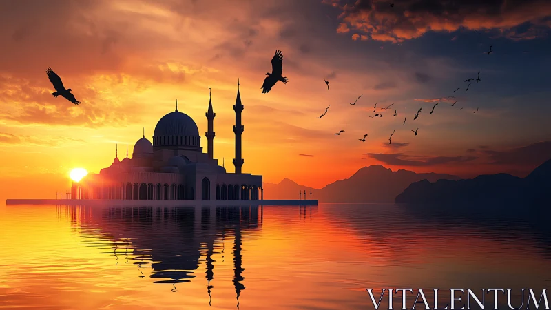 Mosque silhouette over reflective water at vivid sunset.