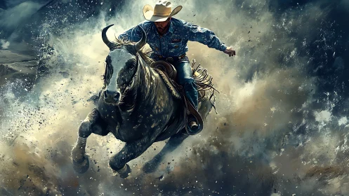 Dust-charged cowboy riding at full gallop through chaos.