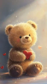 Soft light teddy bear illustration holding red heart plush