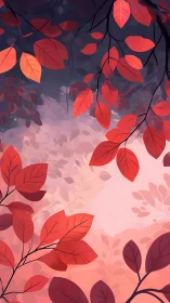 Red autumn leaves framing soft pastel sky background.