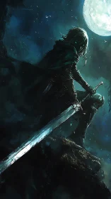 Moonlit cloaked swordsman on cliff in cinematic teal lighting.