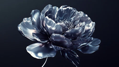 Metallic peony bloom rendered in reflective chrome detail