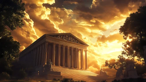 Neoclassical marble temple under dramatic golden stormlight