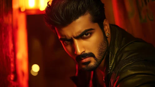Intense male portrait under directional red lighting in shallow focus