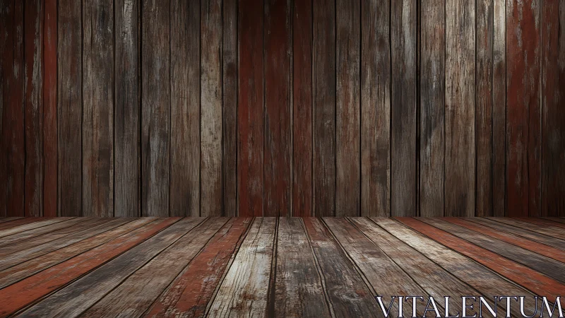 Weathered wooden room interior with rustic plank floor.