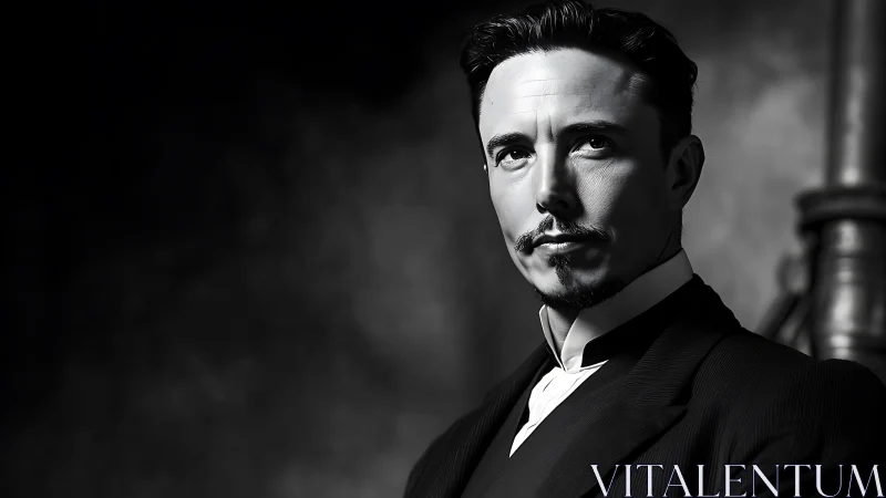 Monochrome portrait of suited man with styled mustache.