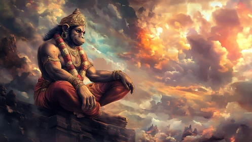 Mythic simian figure sits on stone ledge under dense clouds