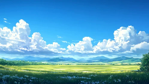 Sunlit summer meadow stretches toward distant blue mountains