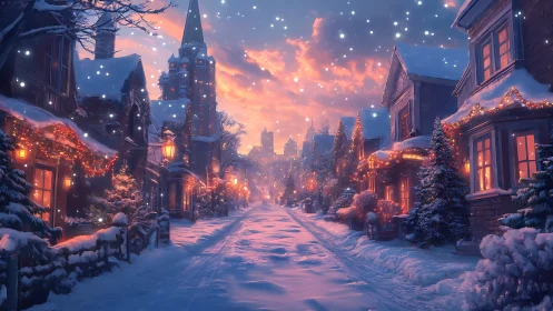 Snow-covered town street with festive lights at sunset.