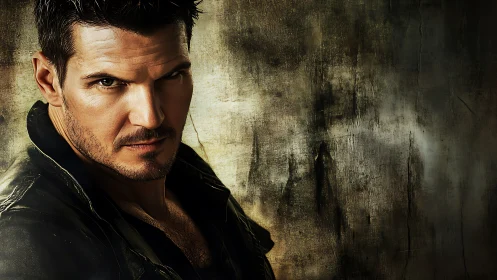 Moody male portrait against distressed textured wall background