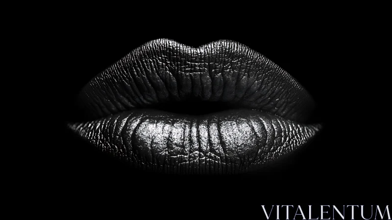 Close-up of metallic silver lips on black background.