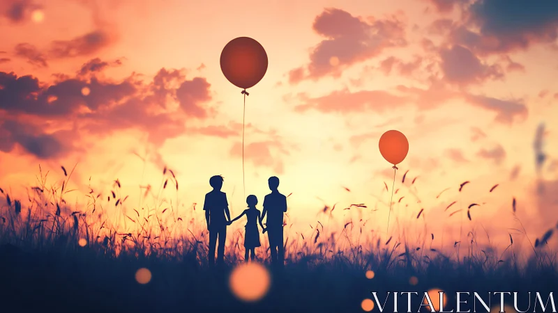 Silhouetted family holding balloons in golden sunset field