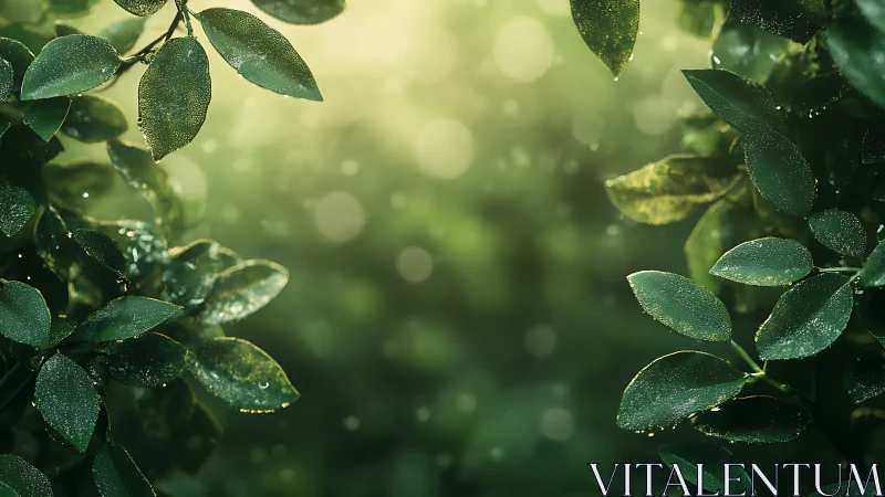 Dewlit green leaves framing soft golden forest bokeh.