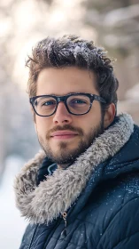 Snow-dusted wanderer with quiet blue-eyed winter calm.