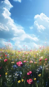 Vertical meadow scene presents dense wildflowers under cumulus clouds