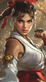 Martial heroine poised in autumn light, hyperreal portrait.