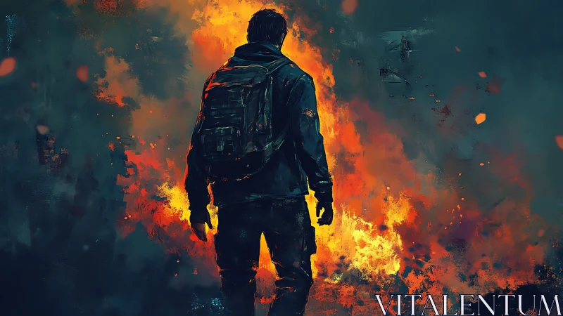 Lone wanderer framed by blazing abstract inferno backdrop.