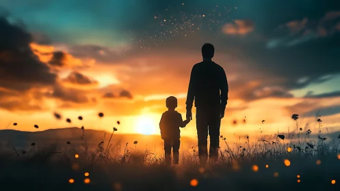 Silhouetted guardianship strolls through a wildfire sunset sky