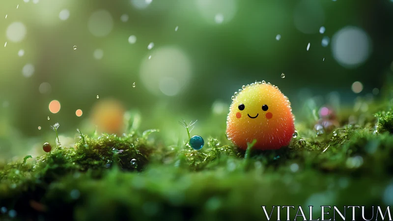 Smiling fuzzy orb creature sits on dewy moss in soft bokeh forest