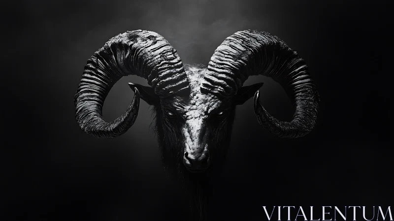 Dark horned ram head in dramatic high contrast lighting.
