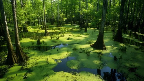 Serene green bayou forest wrapped in still, dappled water.