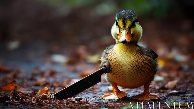 Tiny duckling with oversized knife on wet forest path.