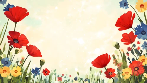 Wildflower meadow border frames sunlit pastel sky.