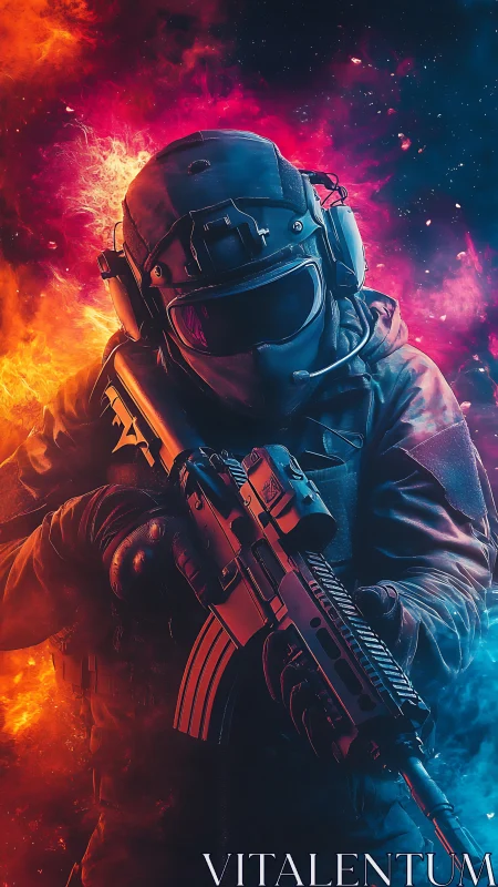Armored soldier with rifle in intense fiery blue smoke