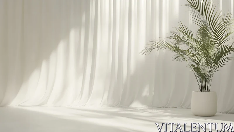 Sunlit palm daydream against whispering white curtains.