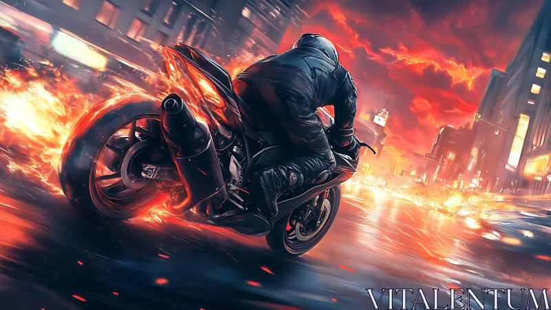 Cyberpunk firetrail superbike in dynamic urban motion study.