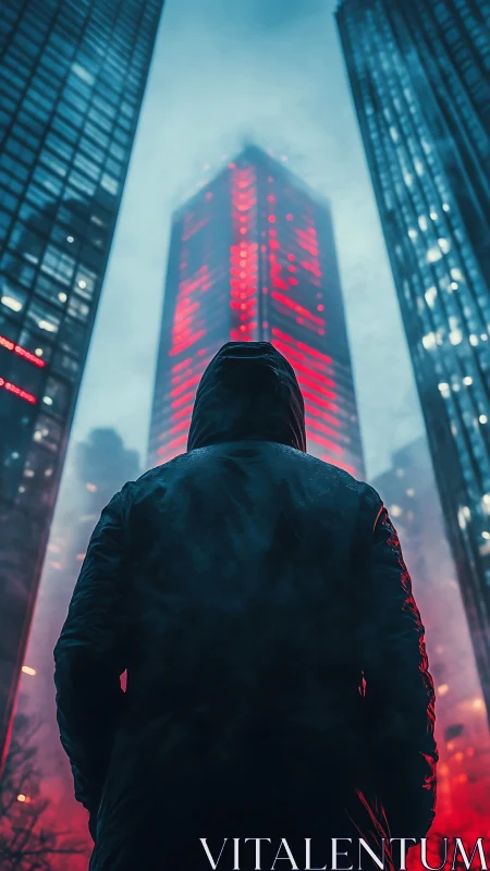 Hooded figure confronts neon red skyscraper in foggy cybercity