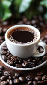 White ceramic cup of black coffee on saucer with beans.