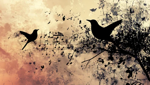 Silhouetted birds trading melodies over splattered score.