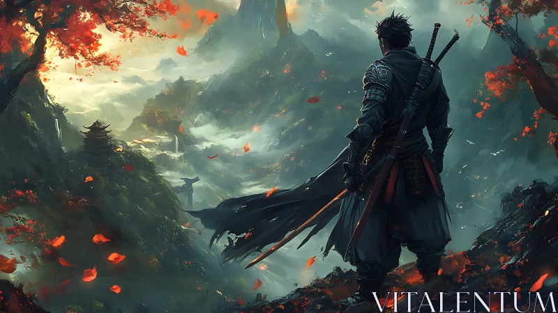 Armored swordsman surveys mist-laden valley with dynamic depth cues