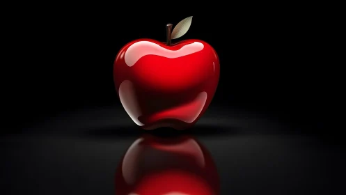 Shiny Red Apple on Glossy Surface, Digital Art Realism.
