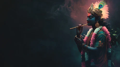 Blue-skinned divine musician with flute on dark background.