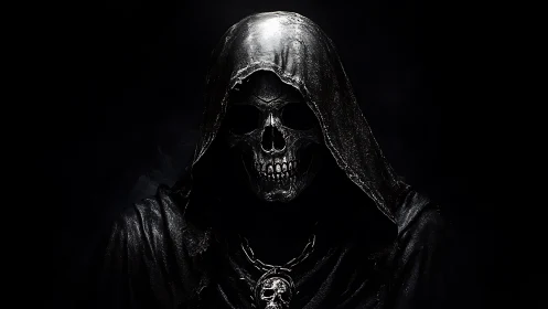 Hooded skeletal reaper portrait with high‑contrast lighting detail.