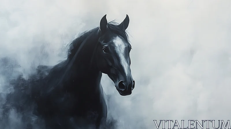 Gentle black horse emerging softly from dreamy pale mist.