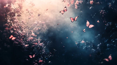 Pink butterflies in soft light above dark floral undergrowth.